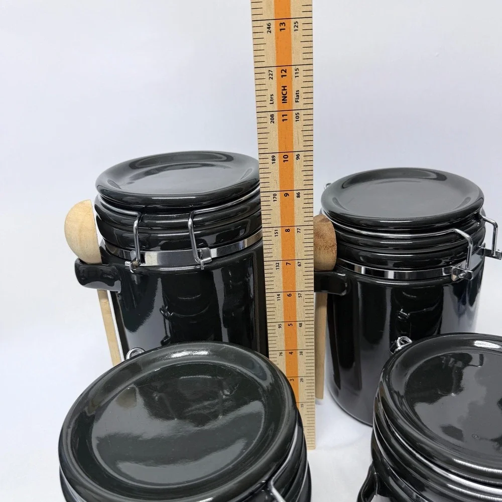 Black Ceramic Canister Set 4 Piece Airtight Locking Lids with Wooden Spoons